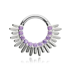 Tytanowy kolczyk clicker z fioletowymi cyrkoniami - srebrny - TK-055