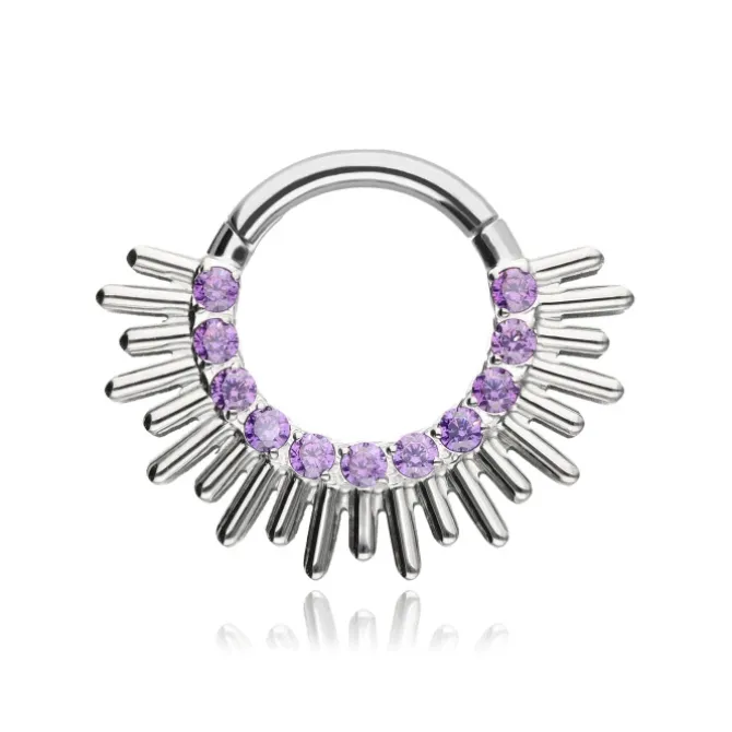 Tytanowy kolczyk clicker z fioletowymi cyrkoniami - srebrny - TK-055
