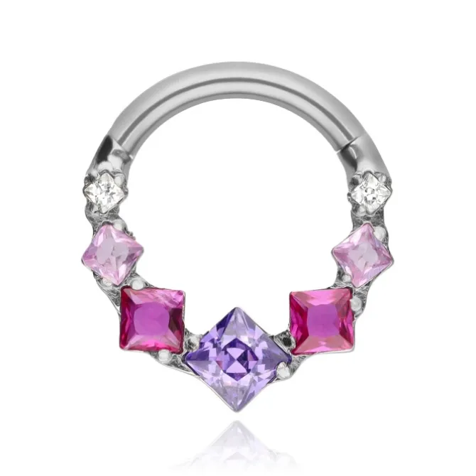 Tytanowy kolczyk clicker z różowymi cyrkoniami - srebrny - TK-099