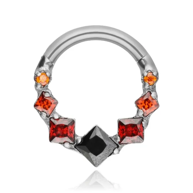 Tytanowy kolczyk clicker z czerwonymi cyrkoniami - srebrny - TK-099