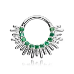 Tytanowy kolczyk clicker z zielonymi cyrkoniami - srebrny - TK-055