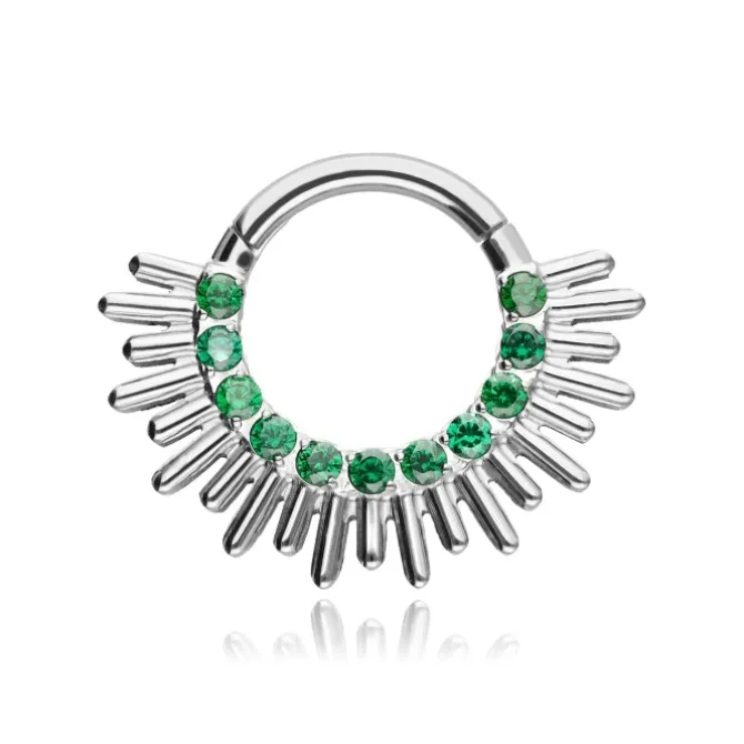 Tytanowy kolczyk clicker z zielonymi cyrkoniami - srebrny - TK-055