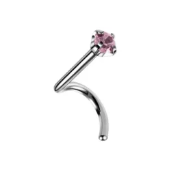 Tytanowy kolczyk do nosa z różową cyrkonią - srebrny -TN-010