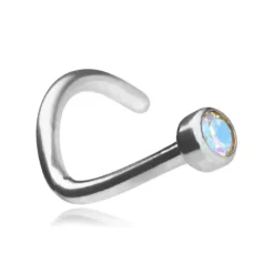 Tytanowy kolczyk do nosa z opalizującą cyrkonią - srebrny - TN-004