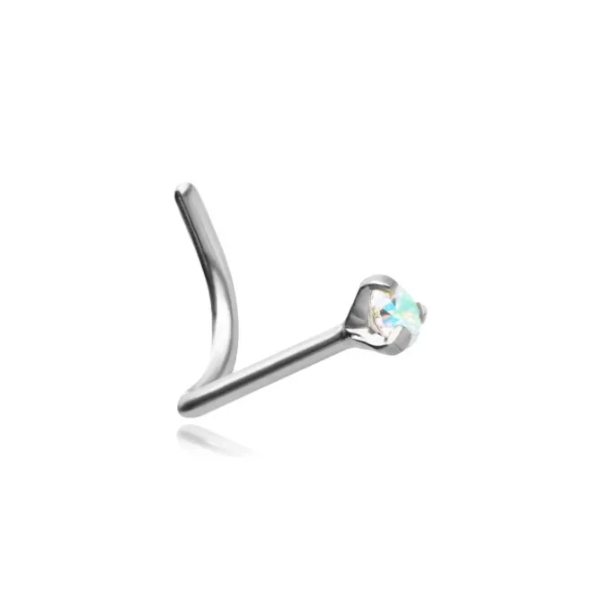 Tytanowy kolczyk do nosa Premium Zirconia srebrny z opalizującą cyrkonią - TN-018