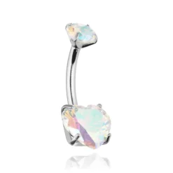 Tytanowy kolczyk do pępka z opalizującym serduszkiem - srebrny - TPP-004