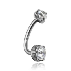 Tytanowy kolczyk do pępka L-shape - srebrny z białymi cyrkoniami - TPP-043