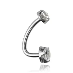 Tytanowy kolczyk do pępka L-shape - srebrny z białymi cyrkoniami - TPP-043