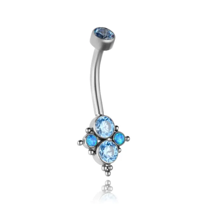 Tytanowy kolczyk do pępka z niebieskimi cyrkoniami oraz opalem - TPP-026
