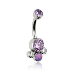 Tytanowy kolczyk do pępka z fioletowymi cyrkonaimi i opalem - srebrny - TPP-013