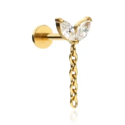 Tytanowy kolczyk labret z białymi cyrkoniami i łańcuszkami - złoty