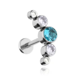 Tytanowy kolczyk labret cluster z morską cyrkonią - srebrny