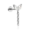 Tytanowy kolczyk labret z białymi cyrkoniami i łańcuszkami - srebrny