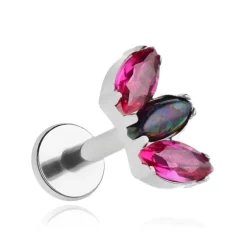 Tytanowy kolczyk labret - ciemnoróżowe cyrkonie i ciemny opal - srebrny - TGW-004