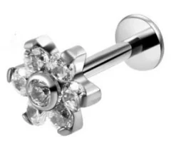 Tytanowy kolczyk labret - kwiat z białymi cyrkoniami - TGW-001