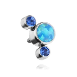 Tytanowy kolczyk labret z niebieskim opalem OP05 i granatowymi kryształkami - srebrny