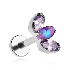 Tytanowy kolczyk labret - fioletowe cyrkonie i opal - srebrny - TGW-004