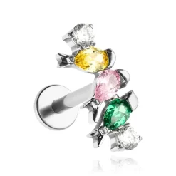 Tytanowy kolczyk labret - jaskółki z kolorowymi cyrkoniami - srebrny - TGW-142