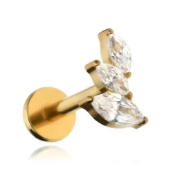 Tytanowy kolczyk labret z białymi cyrkoniami prawy - złoty