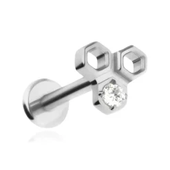 Tytanowy kolczyk labret z białą cyrkonią - srebrny