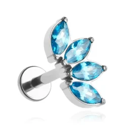 Tytanowy kolczyk labret cluster z niebieskimi cyrkoniami - srebrny