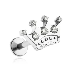 Tytanowy kolczyk labret - korona z białymi cyrkoniami - srebrny - TGW-146