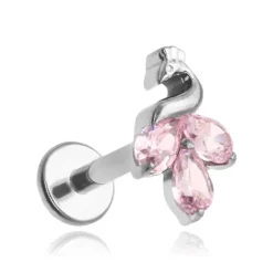 Tytanowy kolczyk labret - paw z różowymi cyrkoniami
