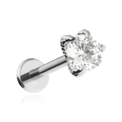 Tytanowy kolczyk labret biała cyrkonia w szponach smoka - srebrny