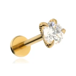 Tytanowy kolczyk labret biała cyrkonia w szponach smoka - złoty