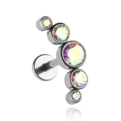 Tytanowy kolczyk labret cluster z opalizującymi cyrkoniami