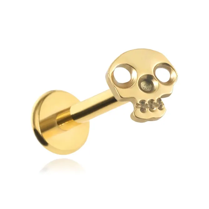 Tytanowy kolczyk labret czaszka złota