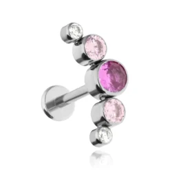 Tytanowy kolczyk labret cluster z różowymi cyrkoniami - srebrny