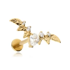 Tytanowy kolczyk labret cluster listki z białymi cyrkoniami - srebrny- złoty