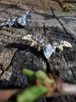 Tytanowy kolczyk labret cluster listki z białymi cyrkoniami - srebrny- złoty