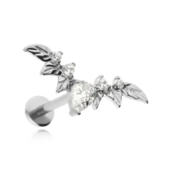 Tytanowy kolczyk labret cluster listki z białymi cyrkoniami - srebrny- srebrny