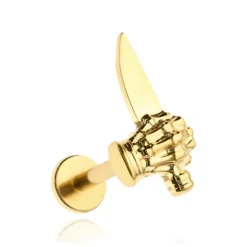 Tytanowy kolczyk labret dłoń z nożem - złoty - TGW-155