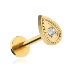 Tytanowy kolczyk labret łezka z białą cyrkonią złoty