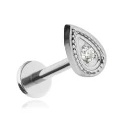 Tytanowy kolczyk labret łezka z białą cyrkonią