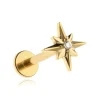 Tytanowy kolczyk labret gwiazda z białą cyrkonią - złoty