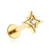 Tytanowy kolczyk labret gwiazda z białą cyrkonią - złoty