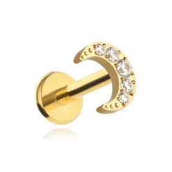 Tytanowy kolczyk labret księżyc z białymi cyrkoniami - złoty