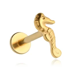 Tytanowy kolczyk labret konik morski - złoty - TGW-169