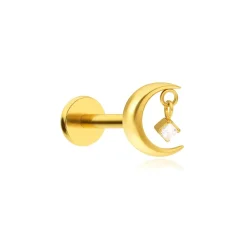 Tytanowy kolczyk labret księżyc z białą cyrkonią - złoty