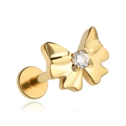 Tytanowy kolczyk labret kokarda z białą cyrkonią - złoty - TGW-167