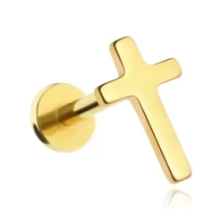Tytanowy kolczyk labret krzyż - złoty