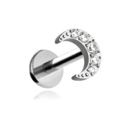 Tytanowy kolczyk labret księżyc z białymi cyrkoniami - srebrny