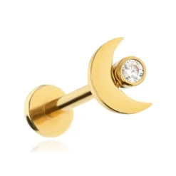 Tytanowy kolczyk labret księżyc z białą cyrkonią - złoty