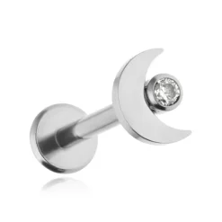 Tytanowy kolczyk labret księżyc z białą cyrkonią - srebrny