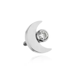 Tytanowy kolczyk labret księżyc z białą cyrkonią - srebrny
