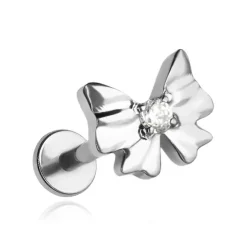 Tytanowy kolczyk labret kokarda z białą cyrkonią - srebrny - TGW-167